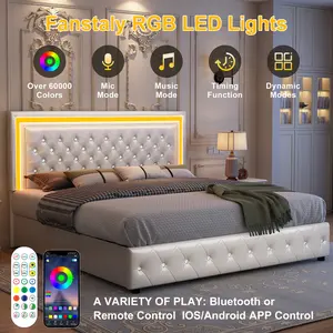 GEGOFORU Queen LED Smart Bed with RGB Lights, Adjustable Upholstered Headboard, App & Bluetooth Control, 4 Under-Bed Storage Drawers, Whisper-Quiet Design, PU / Velvet, No Box Spring Needed – White