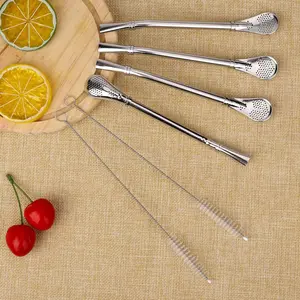 Mate Tea Straw, Mate Tea Straw Filter, Reusable Metal Straw, Food Grade Stainless Steel, Spoon Shape, 6.2 Inch, Includes Cleaning Brush