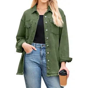 Jean Jacket Women Trendy Oversized Button Down Long Sleeve Frayed Hem Denim Shirt Jackets Distress Shacket