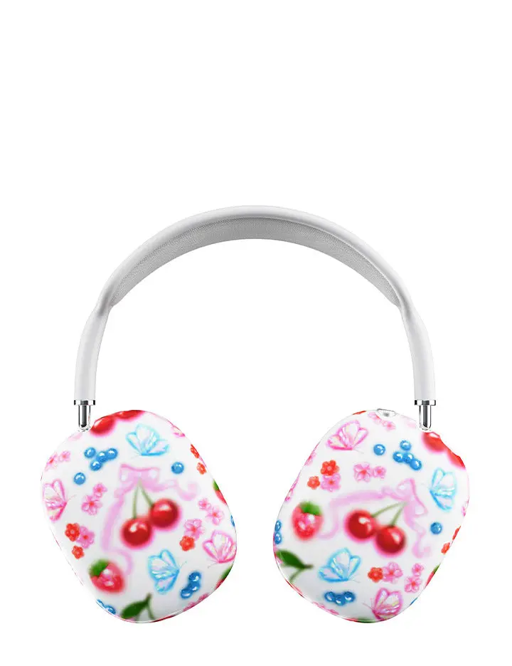 Sweet Cherries Airpods Max | Limited Edition Trendy Airpods Case | Protective Fierce Chic Multicolor | Women Owned Small Business | White Background Vibrant Shiny Pink Bows and Shiny Red Cherries | Safety Casing Protective | Gift for Her