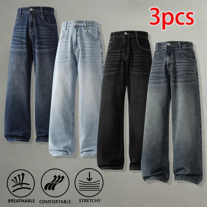 Retro-Tone Drapey Wide-Leg Jeans, 3-Pack — Stretch Denim Fabric, Unisex Trendy Long Pants
