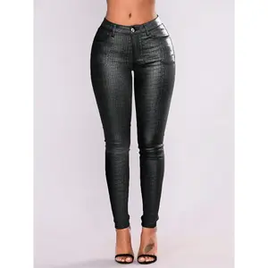 Women's Punk Style High Waist PU Leather Pants, Crocodile Print, Slant Pockets, Slim Fit Ankle Pants, Party & Music Festival Wear, Womenswear