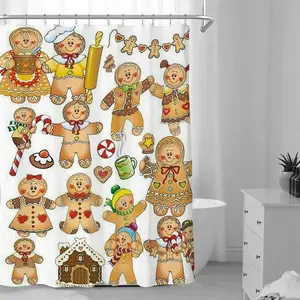 Gingerbread Man Pattern Shower Curtain, 1 Count Waterproof Bathroom Curtain, Bathroom Accessories, Home Decor Supplies for Bathroom