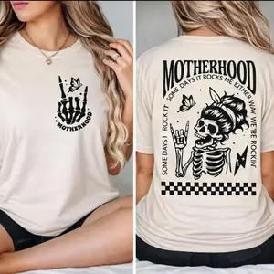Motherhood Skeleton Rocker Graphic Cotton T-Shirt, Funny Retro Mom Life Outfit, Perfect Mother's Day Gift For Rock Mom