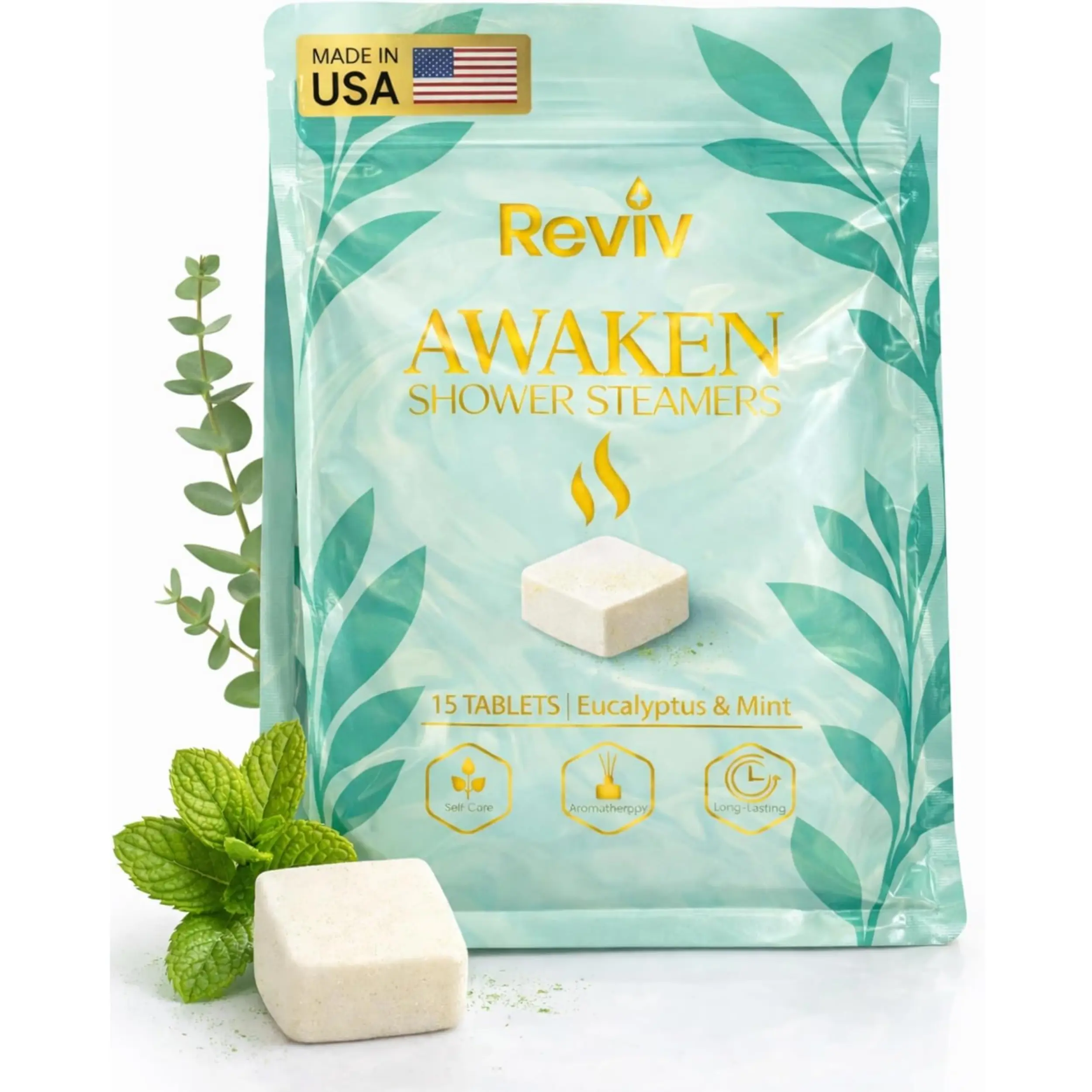 REVIV Brands Luxury Body Care Shower Steamers Pack - 15 Aromatherapy Cleansing Tablets with Eucalyptus, Mint Essential Oils for Stress Relief, Mood Uplift