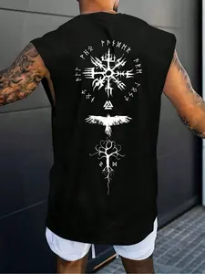 Men's Sports Print Sleeveless Tank Top, Loose Fitting Summer Workout Vest, Casual Athletic Top for Gym & Fitness, Athletic Apparel, Workout Gym Clothing