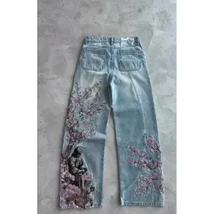 Cherry Blossom Knight all-over embroidered denim pants for men and women, Y2K vintage baggy straight jeans, high-waisted washed blue jeans, vintage-inspired mid-rise wide-leg jeans, can be paired with a raincoat