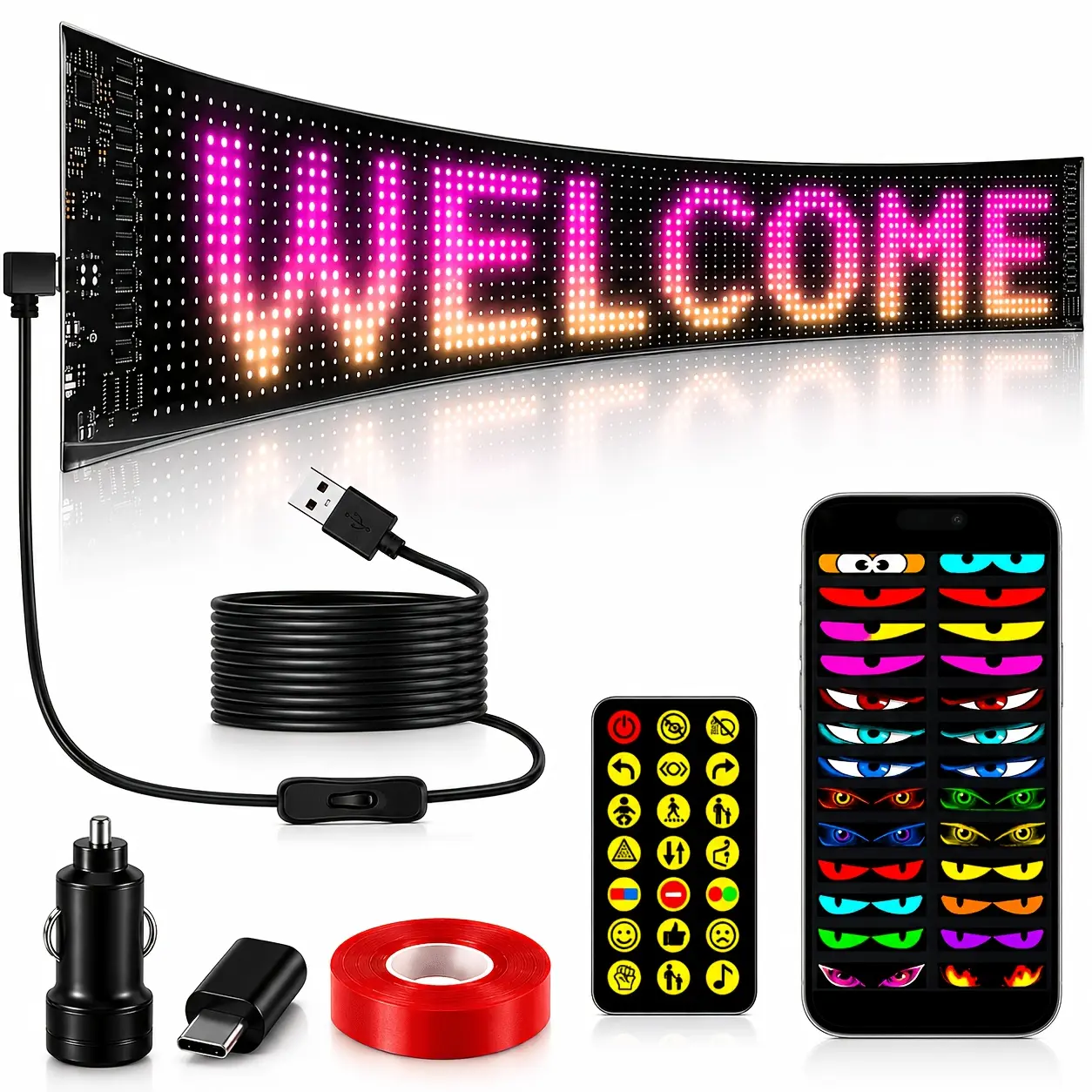 LED scrolling sign / LED display module with remote control and app control, RGB flexible LED matrix, suitable for car rear windows, store window displays, food trucks, party decorations, USB powered