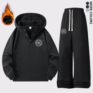 Men's Trendy Printed Hoodie Set, Fleece Lined Warm & Cozy Versatile Casual Outfit, Simple Outdoor Street Style Sports Set, Suitable for Autumn Winter Daily Life, Running Training, Party Travel Wear fleece-lined