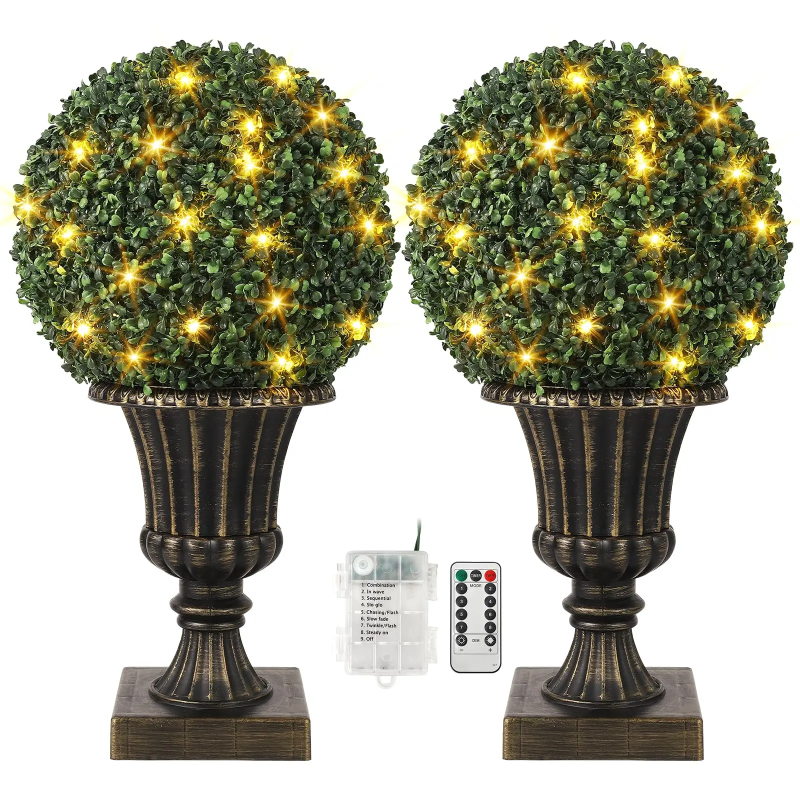 Pre-Lit Artificial Boxwood Topiary Ball Tree - 16" Faux Greenery with UV Resistant Leaves, Sturdy Pot Base, Remote Timer, Decorative Plant for Indoor Outdoor