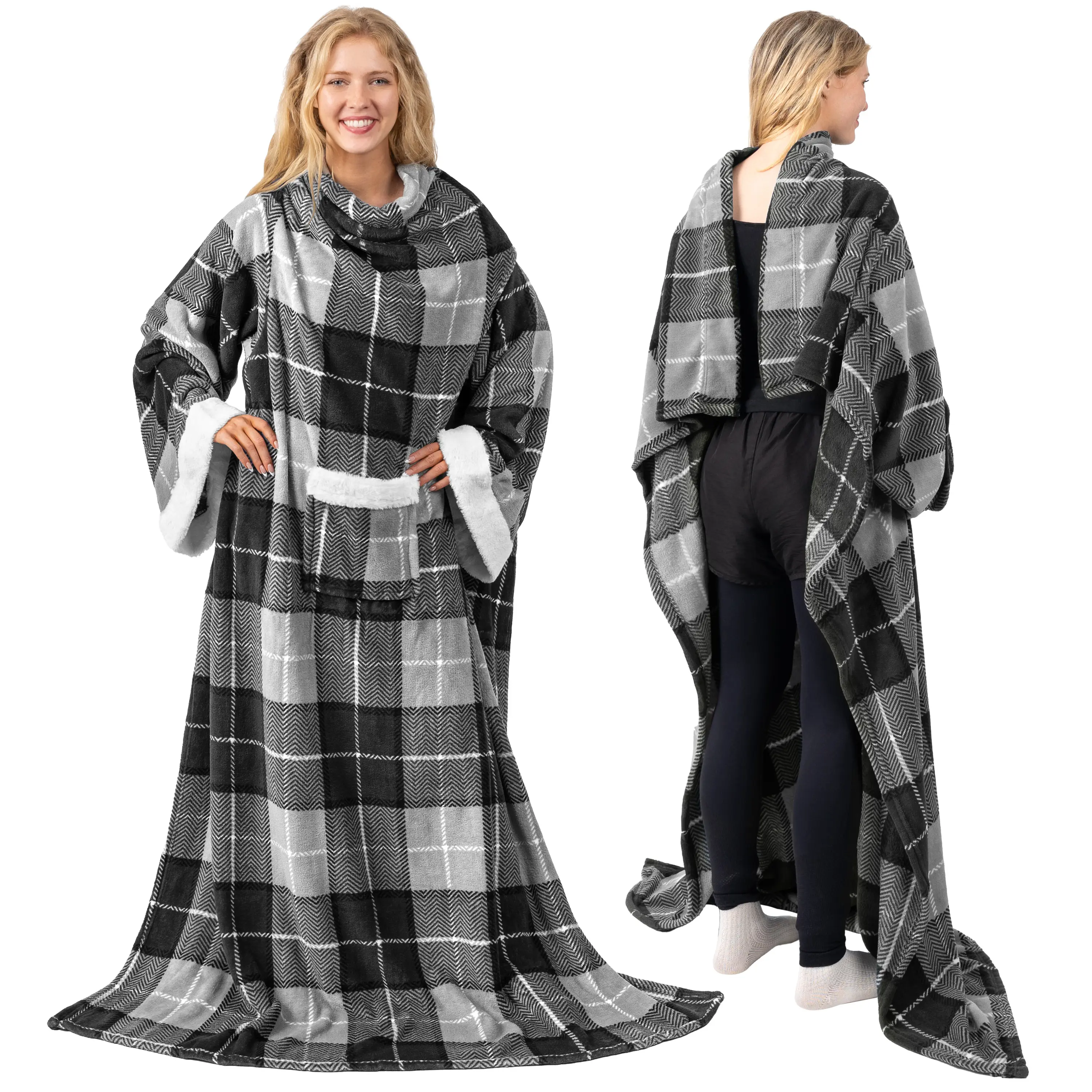 PAVILIA Fleece Blanket with Sleeves for Women Men Adults, Wearable Blanket Warm Soft Plush, Snuggle Pocket Sleeved TV Throw Wrap, Cozy White Elephant Gifts Ideas Mom Wife