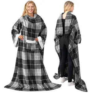 PAVILIA Fleece Blanket with Sleeves for Women Men Adults, Wearable Blanket Warm Soft Plush, Snuggle Pocket Sleeved TV Throw Wrap, Cozy White Elephant Gifts Ideas Mom Wife