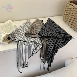 Striped Cotton Linen Triangle Scarf, Retro Style Bandana Headscarf, Versatile Neck Scarf & Hair Band for Women, 3 Color Options