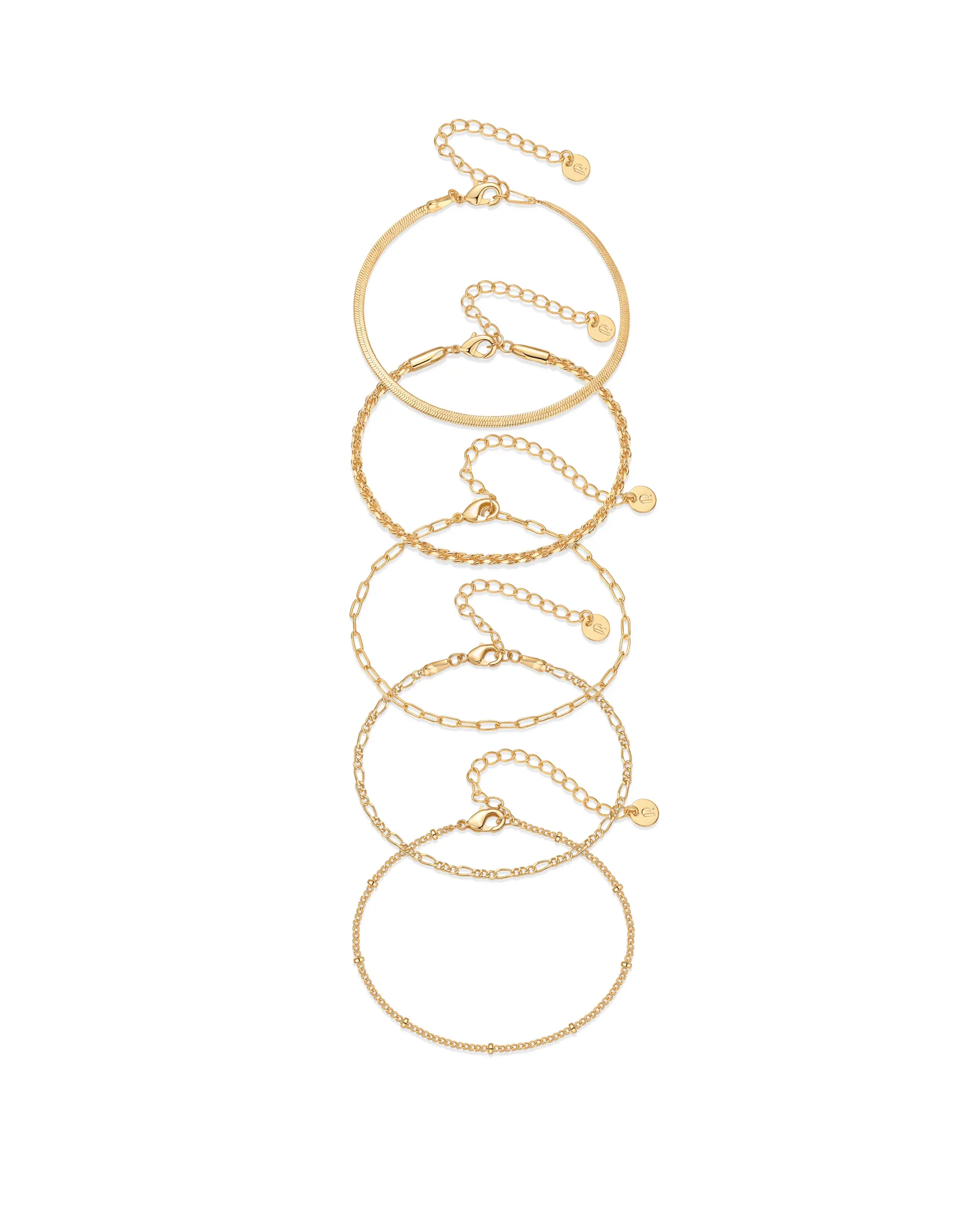 PAVOI 18K Gold Plated Chain Bracelet Pack for Women - Jewelry Set of 5 Stackable Bracelets Paperclip Snake Rope Figaro Beaded Chains