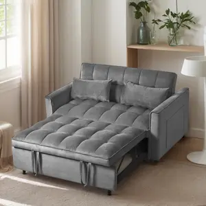 【DealsforYouDaysl】53 inch 3 in 1 Convertible Sleeper SofaBed Modern Pull Out Couch Bed Adjustable Backrest Velvet Loveseat Futon Sofa with Pillows & Pockets for Living Room Apartment Dark Grey