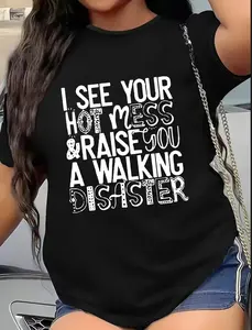 Hot Mess & Walking Disaster Graphic Tee – Funny Plus Size Statement Shirt Casual Comfort Love Comfortable Cotton Fabric Top Fit Womenswear Breathable