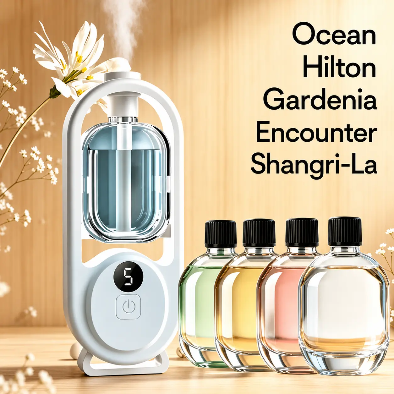 Aromatherapy diffuser with 5 essential oils [Hilton, Gardenia, Shangri-La, Ocean, Jasmine]