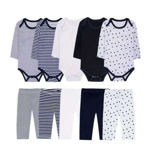 JY.COZY FOR BABY 10-Pc Daily Set for Newborn Baby Boys, Solid Color Pure Cotton Long-Sleeve Bodysuits & Pants, Soft Breathable Everyday Outfit, Solid Color Bodysuit, Crew Neck, Baby Items