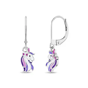 Rainbow Unicorn Dangle Kids / Children's / Girls Earrings Lever Back Enamel - Sterling Silver