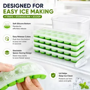 Ice Trays with Lids and Ice Bucket Spoons - Pack of 4 Silicone Ice Trays for Freezer, Stackable Ice Bucket Set with Storage Containers and Spoons for Kitchen, RV, Cocktails, Coffee