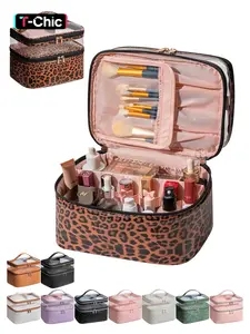 Large Makeup Bag with Brush Storage, Double Layer Cosmetic Bags for Women Girls, vanity bag, Waterproof Leather Toiletry Bag for Women, Travel Makeup Bag Skincare Bag with Zipper & Portable Handle, Makeup Organizer Pouch, Cosmetics Bag