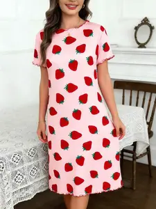 Valentine's Day Women's Sleepwear Loungewear, Romantic Strawberry Print Long Nightgown, Elegant Loose Fit Home Dress, Holiday Gift