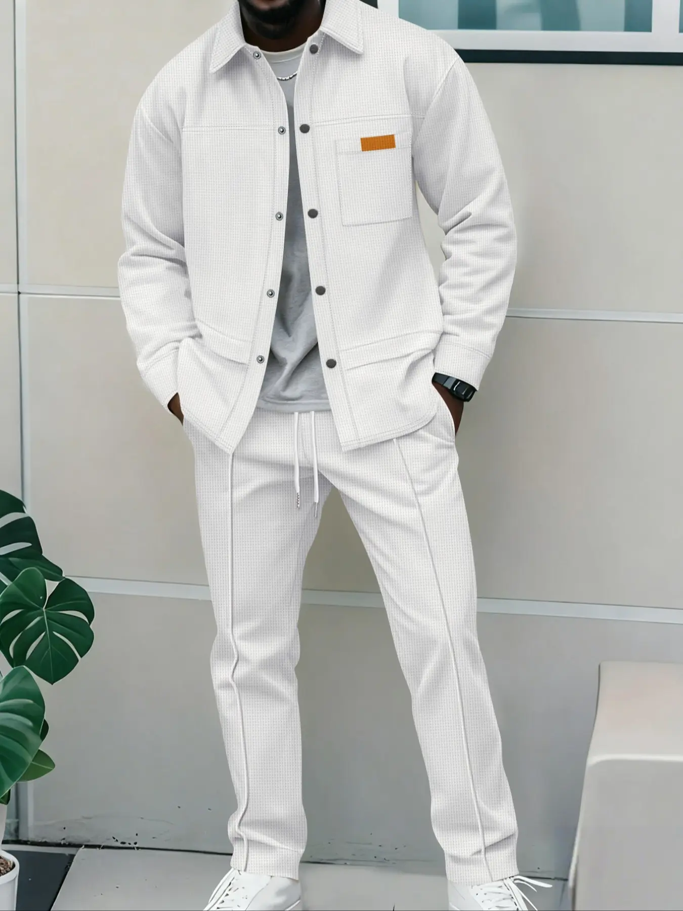 Men's Business Casual Shirt Jacket Long Sleeve Pants Outfit Set, Fitted Design with Pockets, Button Front, Patchwork, Aesthetics, Spring & Fall Fashion, Suit Sets, Fall Matching Sets
