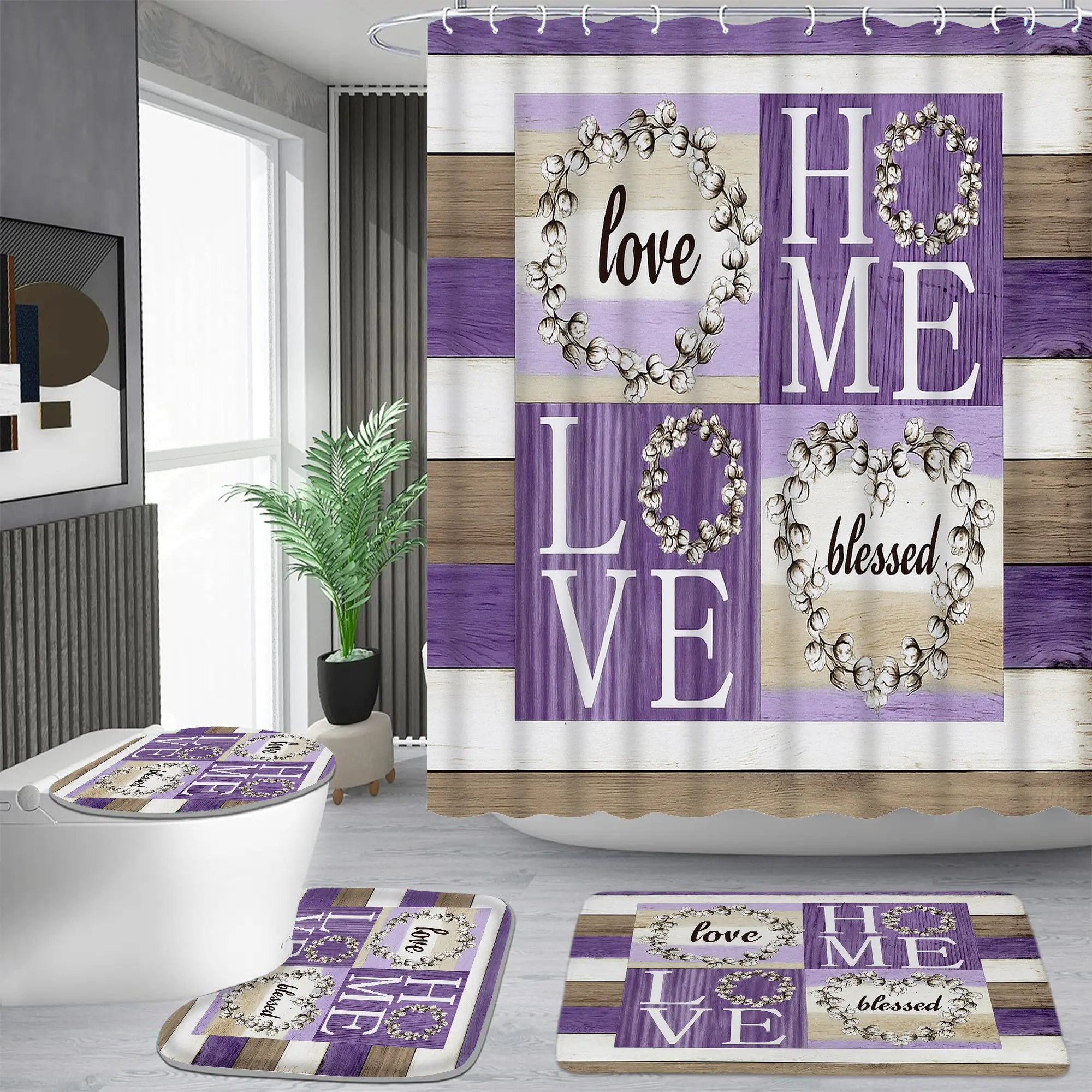 Purple kapok ring pattern shower curtain set, waterproof shower curtain with 12 hooks, non-slip bathroom carpet, toilet U-shaped cushion, toilet seat cover cushion, bathroom shower curtain set, perfect moving gift.