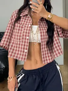 Women's Spring Summer Vintage College Style Plaid Loose Crop Top Shirt Blouse, Perfect for New Year Christmas Wear, Casual Fashion