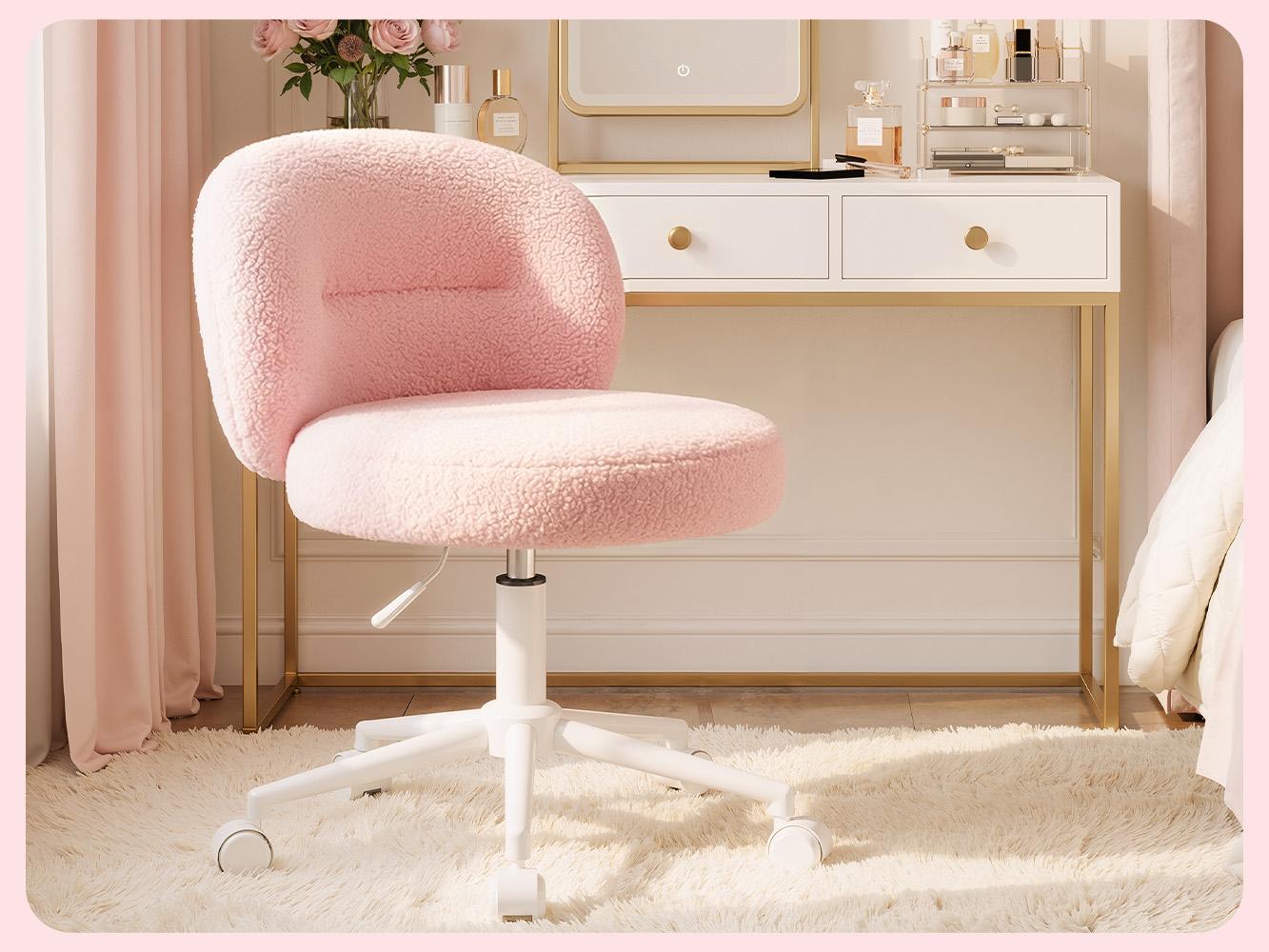 Homkdom  Small Round Vanity Chair with Wheels, Armless Home Office Desk Chairs with Back, Height Adjustable & 360° Swivel, Cute Comfy Vanity Computer Chair for Bedroom, Home Office, White