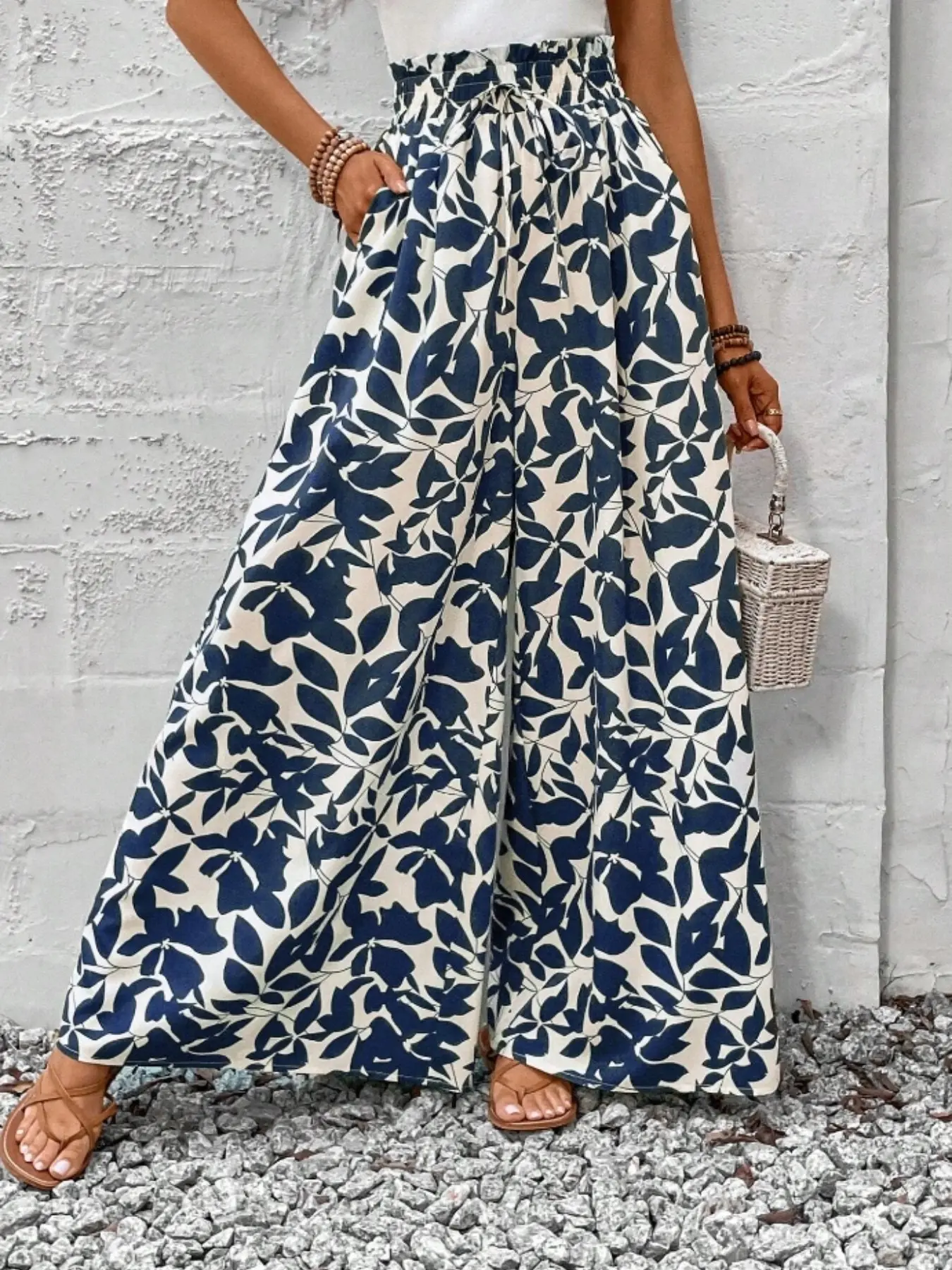 Women's Summer Leaf Print Bohemian Boho Flare Leg Pants, Elastic High Waist, Long Regular Fit, Beach Vacation Wear