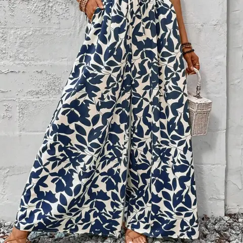 Women's Summer Leaf Print Bohemian Flare Leg Pants Fabric, Elastic High Waist, Long Regular Fit, Beach Vacation Wear
