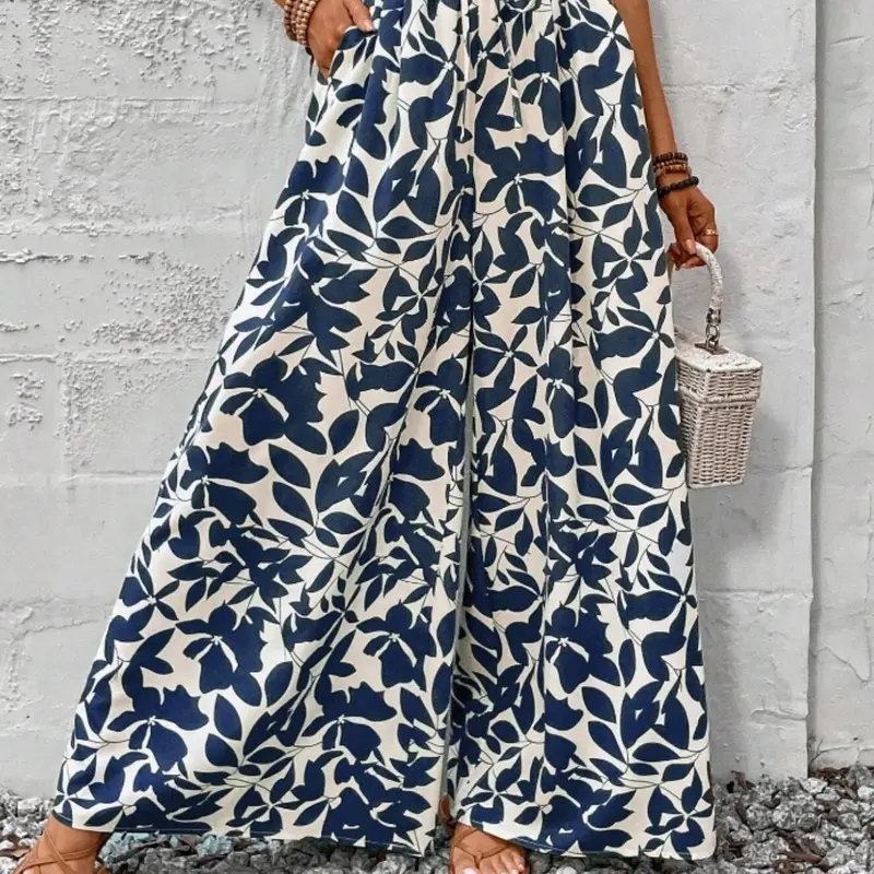Women's Summer Leaf Print Bohemian Flare Leg Pants Fabric, Elastic High Waist, Long Regular Fit, Beach Vacation Wear
