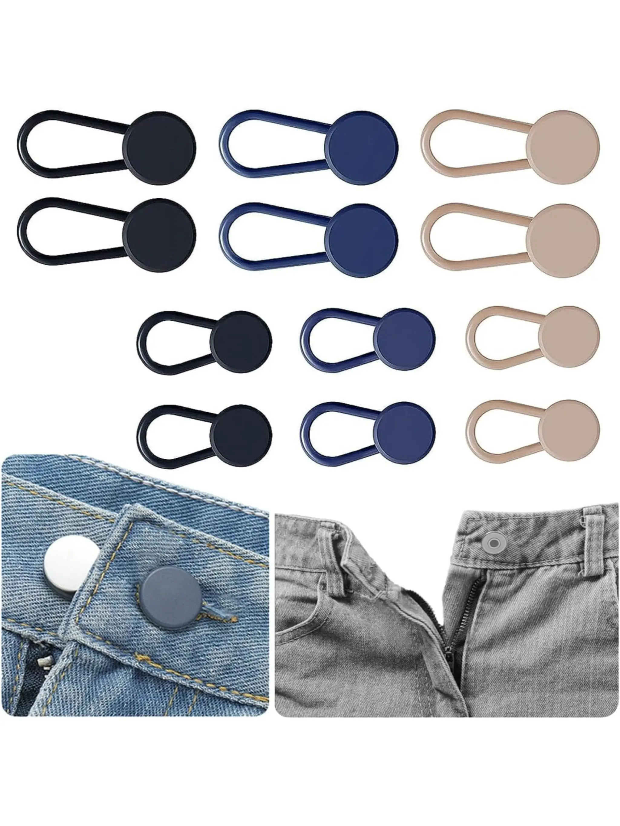 12-Piece Waist Extender Set, Versatile Sturdy Durable No-Sew Sewless Adjustable Instant Waist Adjustment Extension for Men & Women Pants, Available in Three Colors, Adds 1-1.4 Inches, Quick Adjustment, Waistband Extension