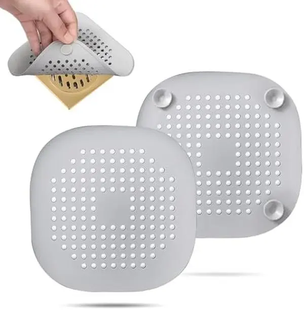 2 Pack Hair Drain Catcher,Square Drain Cover for Shower Silicone Hair Stopper with Suction Cup,Easy to Install Suit for Bathroom,Bathtub,Kitchen (Sliver Grey)
