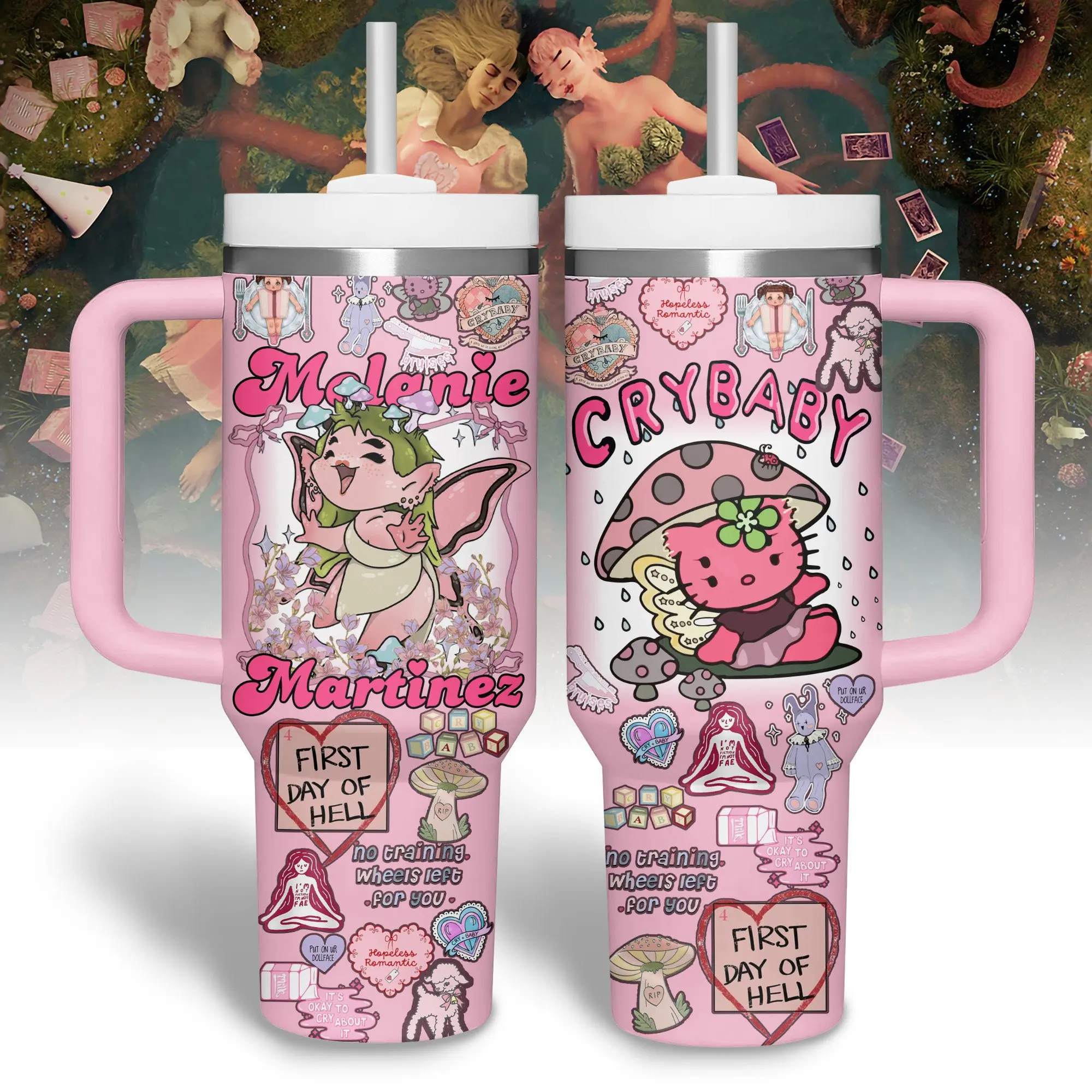 Melanie Martinez Inspired 40oz Tumbler with Handle, Cry Baby Aesthetic Cup, Alternative Pop Music Fan Gift, Pastel Dark Theme Travel Mug, Artistic Album Inspired Stainless Steel Tumbler, Reusable Hot Cold Drinkware
