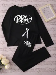 Women's Long Sleeve Long Pants Pajama Set Pjs with Pepper Doctor Logo Print, Fitted Casual Sleepwear for Spring & Fall, Stylish Cozy Loungewear Womenswear Pyjamas Set Casual Nightwear