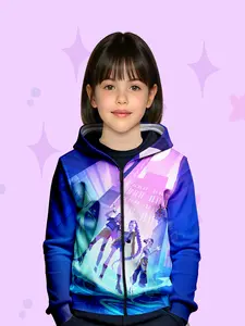 Girls' Fall Winter Hooded Sweatshirt, Aesthetic Hoodie, Zipper Design, Cartoon Pattern, Fitted Casual Style, Moderate Fabric Thickness, Trendy Kids Clothing