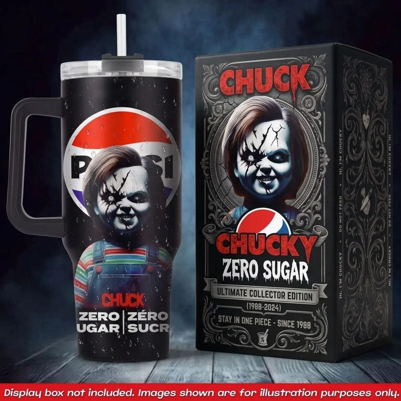Chucky Pepsi 40oz Tumbler With Handle No Box, Zero Sugar Zero Sucre Travel Mug, Killer Doll Good Guy Insulated Cup, Horror Movie Soda Drinkware, Halloween Stainless Steel Coffee Water Tumbler, Ultimate Collector Edition Spooky Gifts