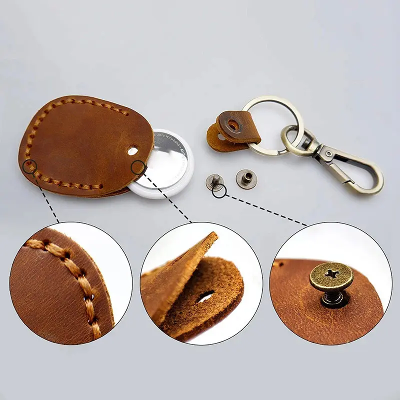 Unisex Multicolored Plain PU Leather AirTag Keychain Case - 5.5x4.3cm, Metal Protection, Scratch Shield, Secure Access Card Holster, Easy Installation, Durable Fashion Accessory, Normal Use