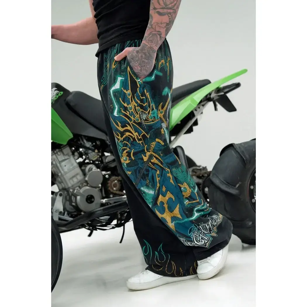 Men's Anime Warrior Graphic Sweatpants Loose Fit Black Streetwear Baggy Joggers Y2K Pants