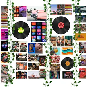 Retro Record Pattern Wall Art, 48pcs/set Creative Wall Decor, 80s Theme Poster & Sticker & Artificial Hanging Vine Set, Wall Hanging Decoration for Home Decor Living Room Bedroom Collage Dorm