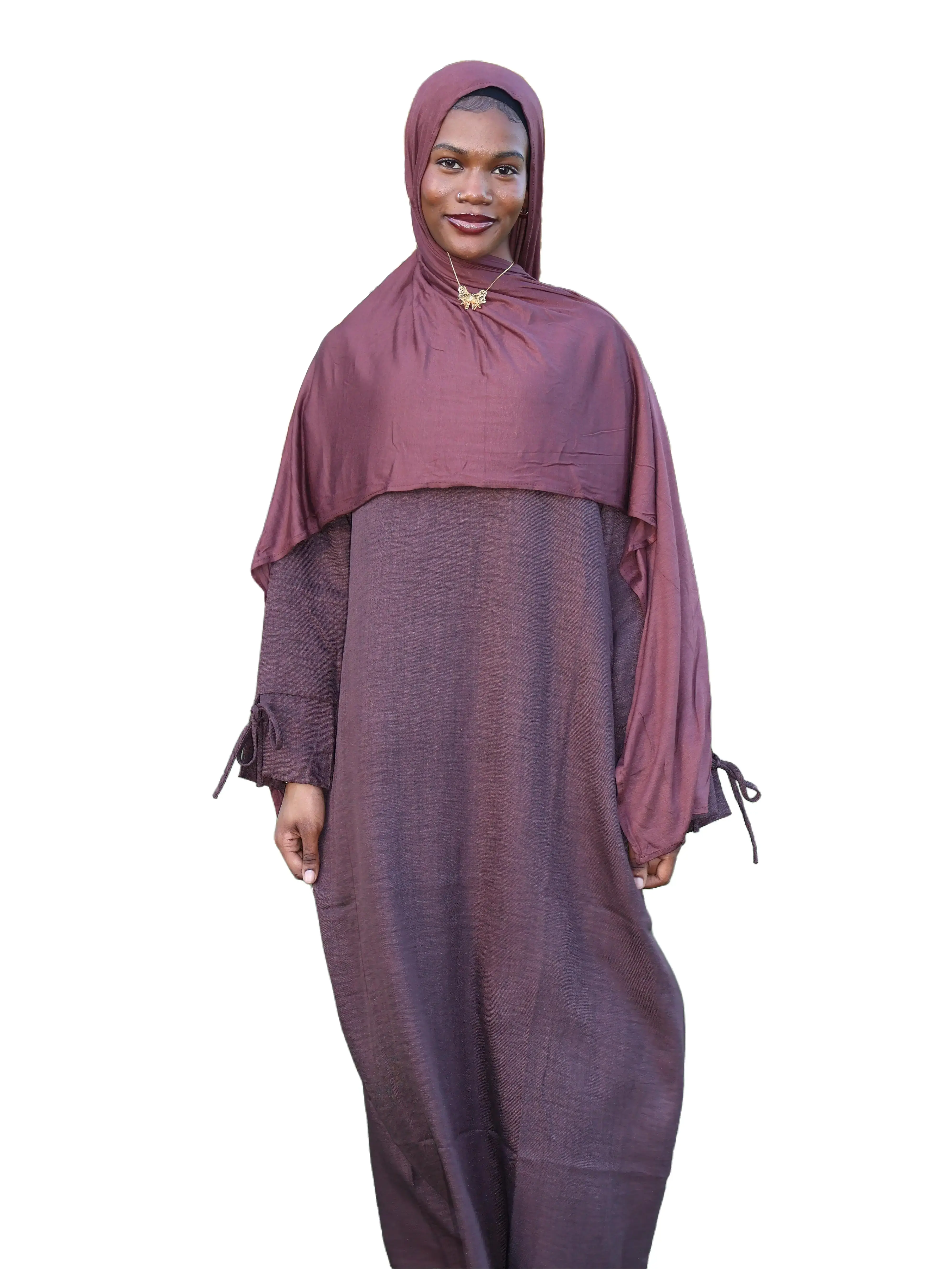 Women's Islamic Modest Solid Color Rihla Ribbon Sleeve Wide-Fit Maxi Caftan Abaya Dress - Casual Wear, Solid Color Abaya, Abaya Dresses