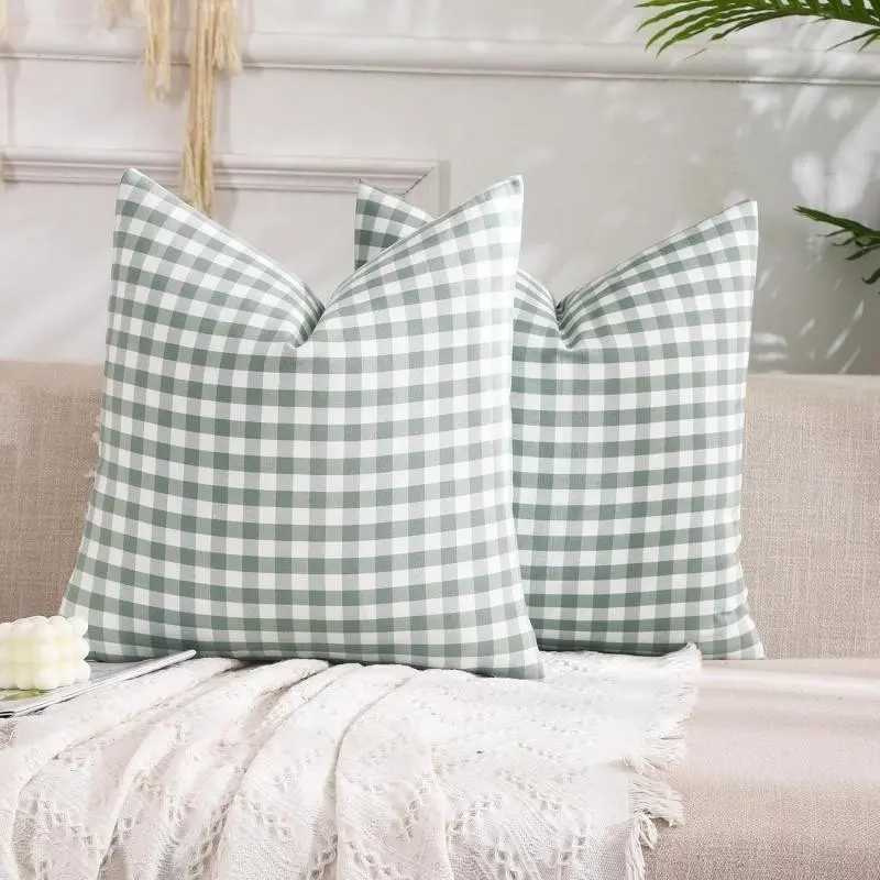 Farmhouse Sage Gingham Throw Pillow Covers 18x18 Set of 2, Plaid Decorative Pillow Cases, Cushion Covers for Home Patio Porch, Cushion Covers for Couches and Sofas, Stylish & Cozy Design, Home Textile