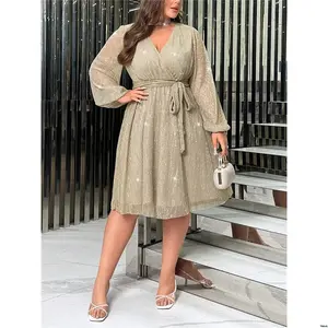 Dress Lantern Neck Plus Priv tiktok é Surplice Sleeve Belted Glitter