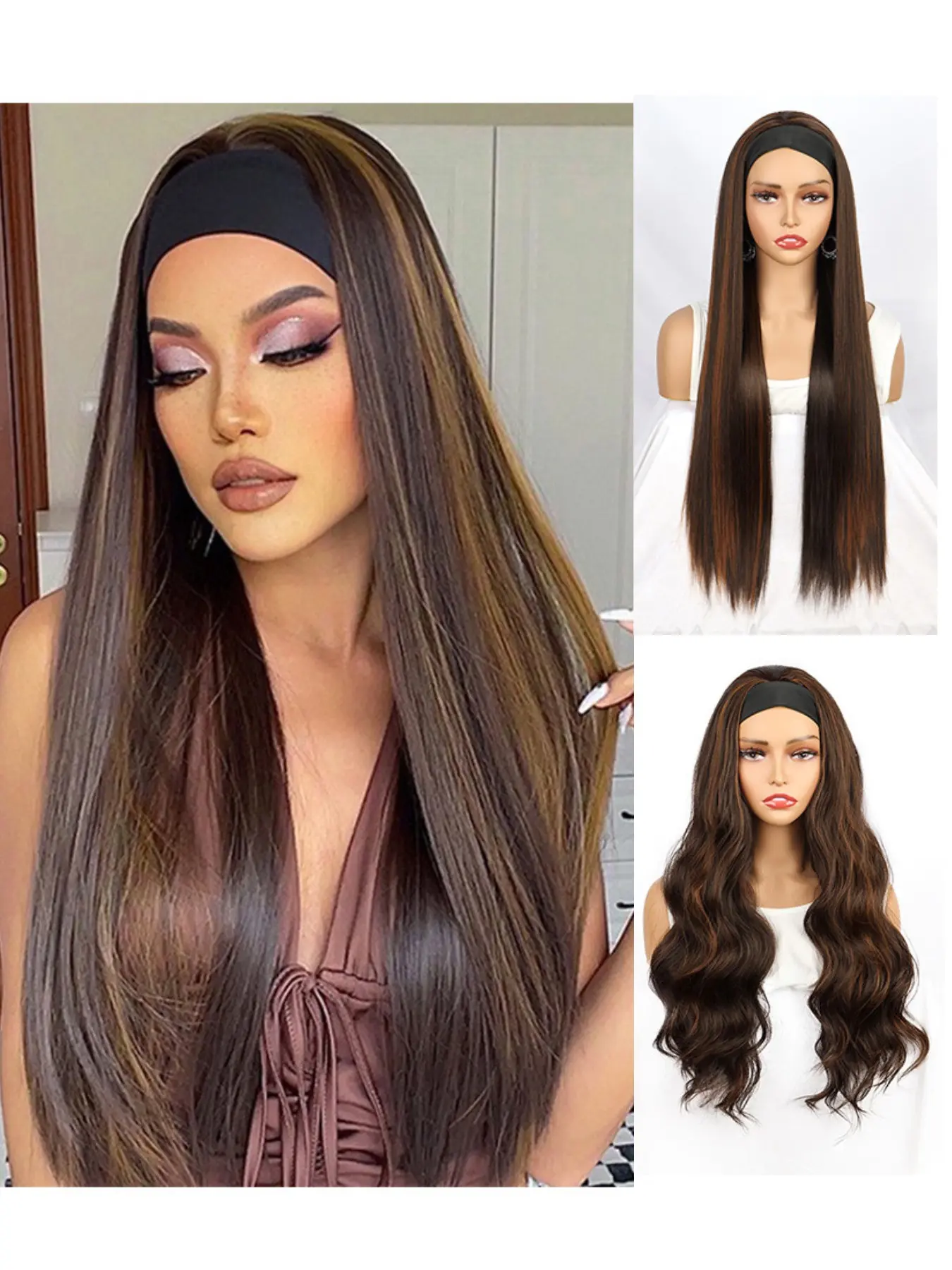 Women's Headscarf Wig, Long Straight Curly Wavy Silk Scarf Cap, Versatile Hairpiece, Perfect for All Occasions, Glueless Headband Wig, Synthetic Hair Wig, Synthetic Wigs