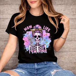 Women's Sarcastic "Funny Mom Life I'm Fine" Skeleton Graphic T-Shirt - Crew Neck, Short Sleeve, Comfortable Lightweight Cotton, Fitted Casual Streetwear Tee for Overstimulated Moms summerwins