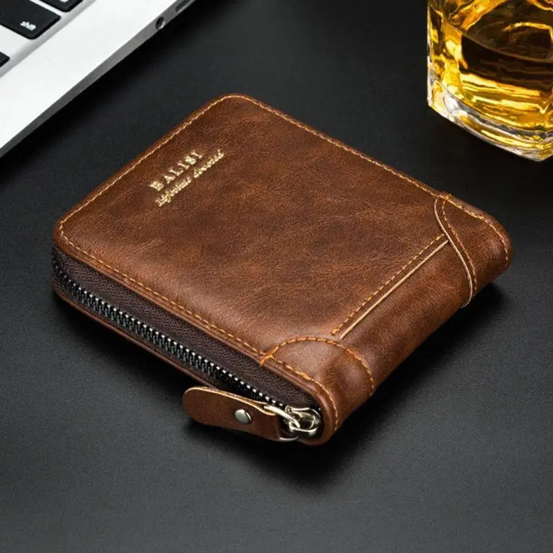 2025 New Men's Bifold Wallet - PU Leather, Retro Style Short Mens Wallet, Zipper Card Holder, Coin Storage Money Bag, Men's Accessories, Do Not Wash, Summervibes,father'sdaygifts