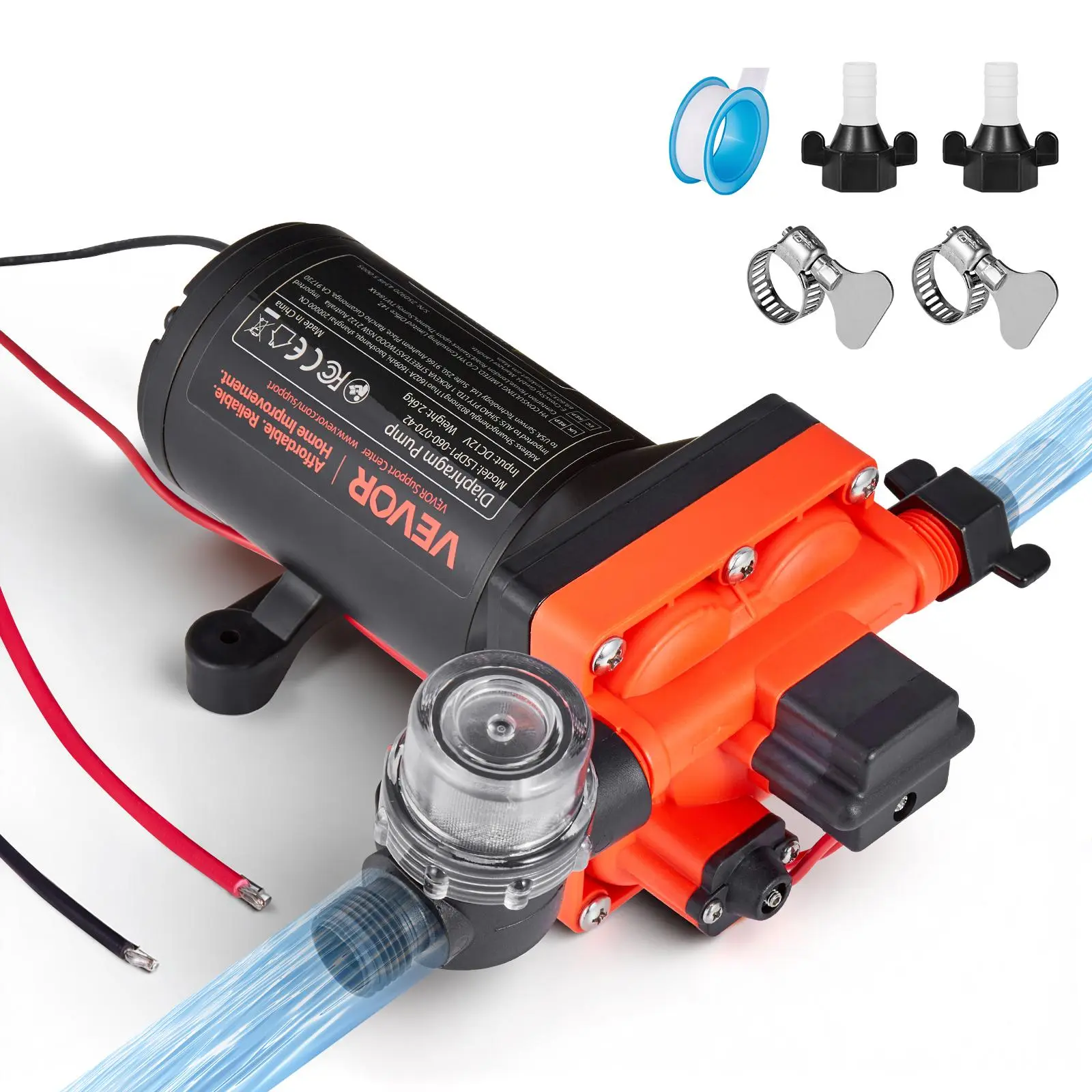 VEVOR 12V DC Copper Motor Self-Priming Diaphragm Pump, 6 GPM (22.7 L/min) Flow, 70 PSI Max Pressure, 4-Chamber Unit, Auto Control Pressure Switch, 1/2-Inch Hose Connection, Default Hose Adapter, Filter for RVs, Campers, Sprinklers
