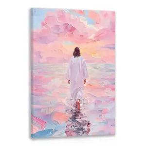 Jesus Walking on Water Watercolor Canvas Wall Art - Modern Pink Sunset Religious Decor - Inspirational Biblical Figure Framed Print for Bedroom Living Room and Nursery summerwins